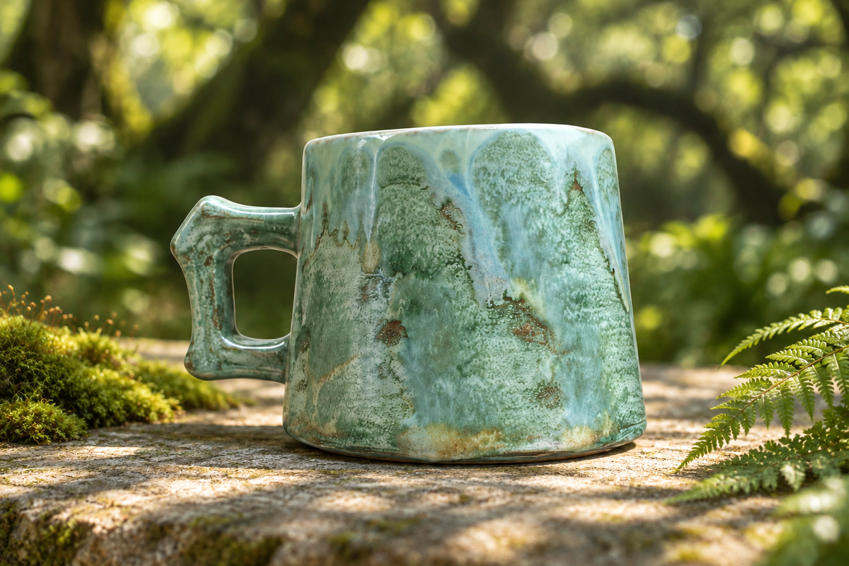 De Djawatan green ceramic mug in an AI-styled forest setting with moss and ferns