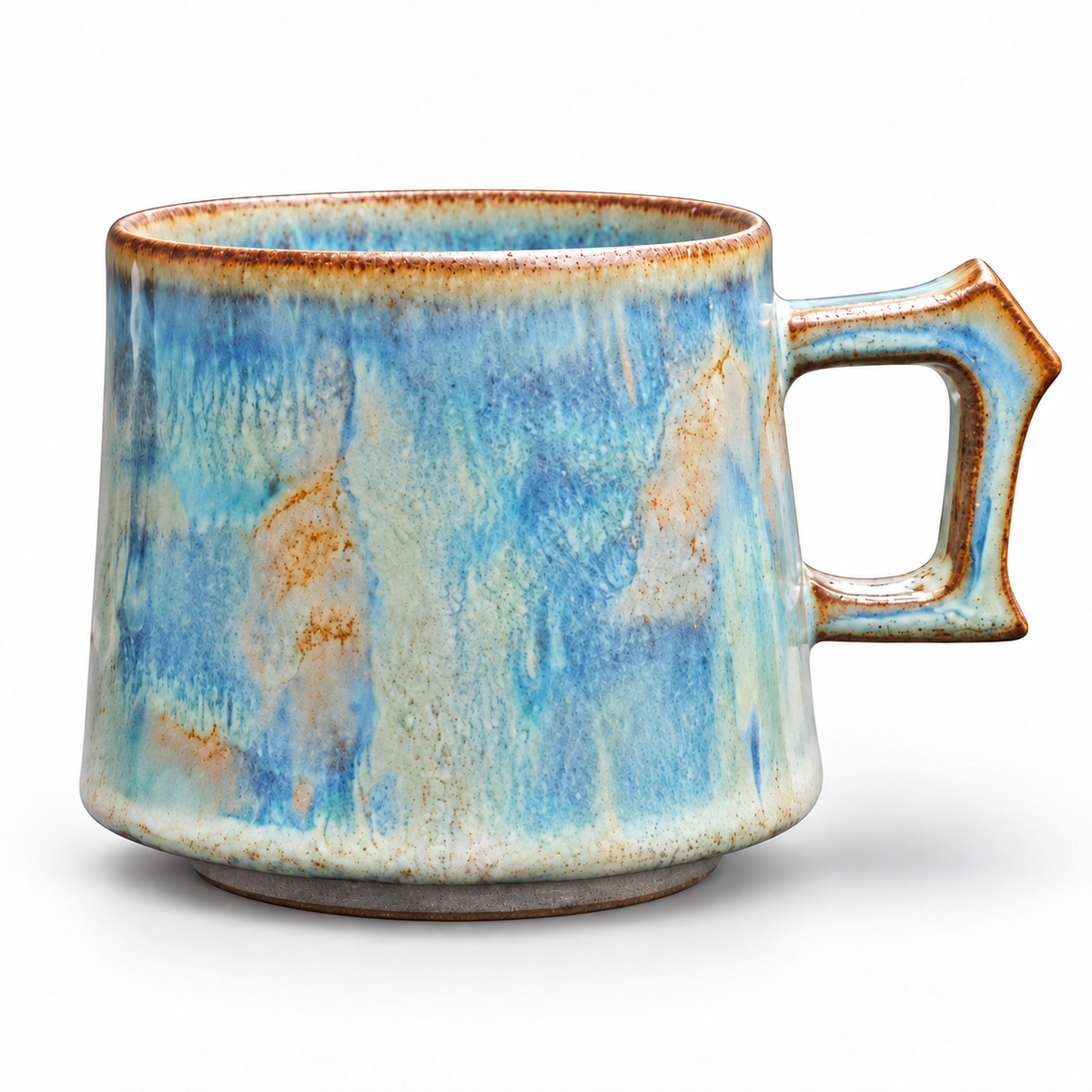 Blue mineral-glazed ceramic mug, matching shallow camera angle, white studio background with soft shadow, AI edited from product photograph