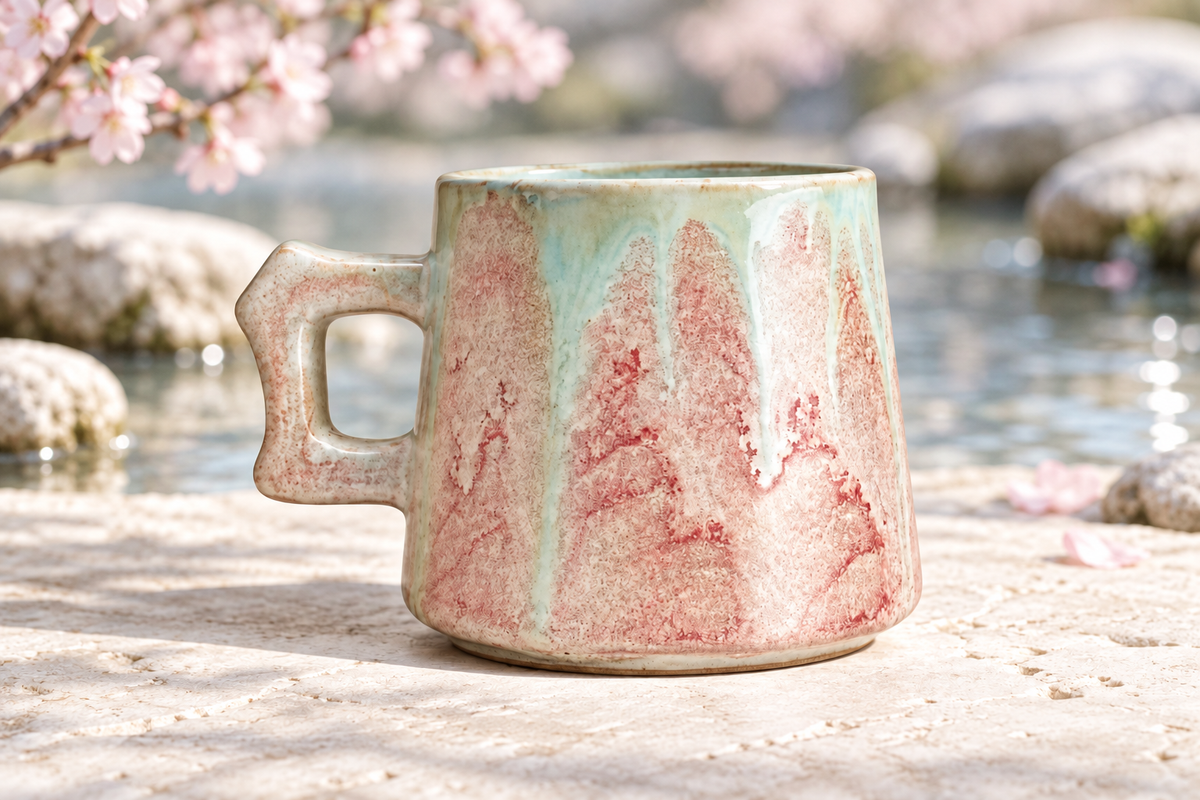 Oshino Hakkai pink ceramic mug, AI-styled cherry blossom and spring-water scene