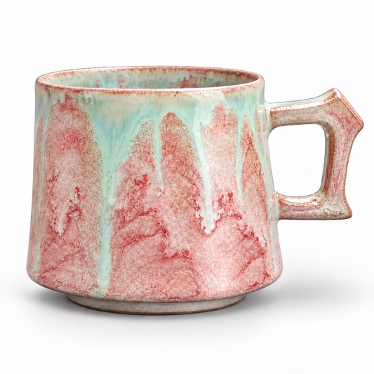 pink mineral-glazed ceramic mug, handle facing right, white studio background with soft shadow, AI edited from product photograph